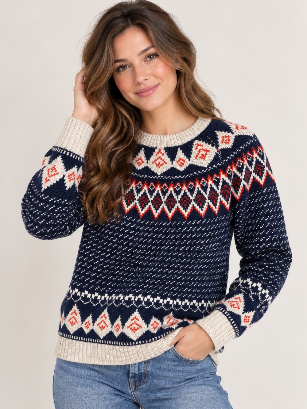 Angelo Litrico Fair Isle Nordic Knit Sweater Orange Navy Oatmeal Size M